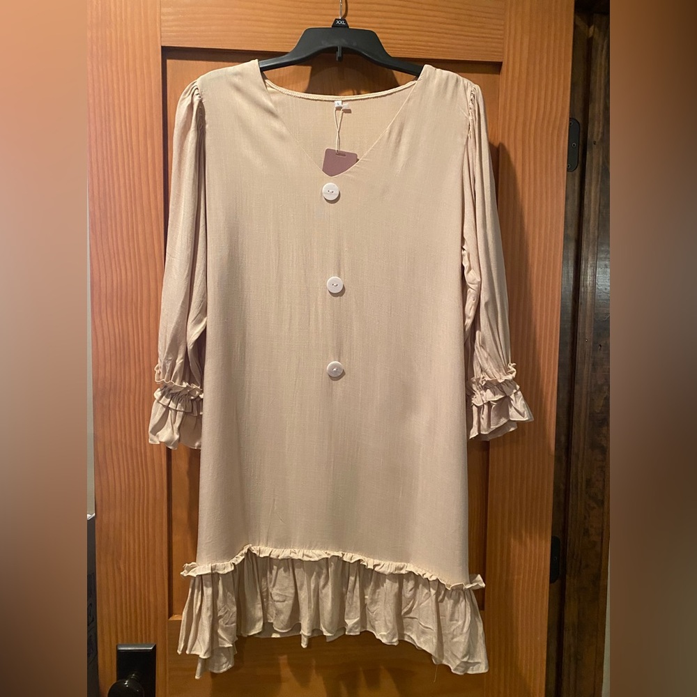 Women Dress 3/4 Sleeves Beige Mini A Line Button V Neck Flowy Dress Sz L NWT